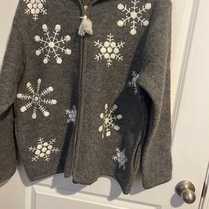 Lisa international Gray Snowflake Zip Boiled Wool Hoodie with Raised Snowflakes